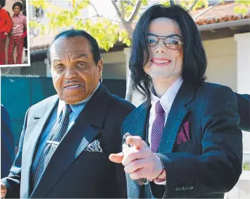  ?? Pictures: AFP, GETTY ?? MEMORIES: Joe Jackson (left) at Michael’s 2005 child molestatio­n trial; and Joe (inset, second left) in the Jackson 5 days with Tito, Michael, Randy, Jackie, Jermaine and Marlon.