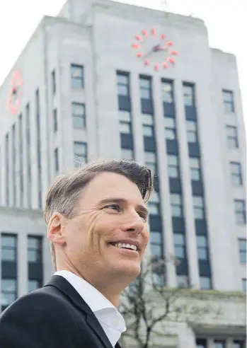  ?? GERRY KAHRMANN ?? Mayor Gregor Robertson, seen leaving a media briefing after his announceme­nt that he will not run for re-election, says he’s leaving a “dream job” but he’s “looking forward to getting a break.”