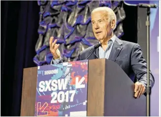  ?? RICARDO B. BRAZZIELL / AMERICAN-STATESMAN ?? Former Vice President Joe Biden outlines the Biden Foundation cancer initiative during a panel discussion at SXSW at the Austin Convention Center on Sunday. He called for the walls between government, philanthro­py and medicine to be broken down.