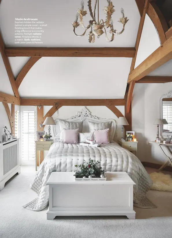  ??  ?? Main bedroom
Sophia’s hidden the radiator behind a simple cover – a small finishing touch that makes a big difference to a country scheme. Fairlight radiator
cover, Fireplace World, is a match. Quilt; cushions, both John Lewis & Partners