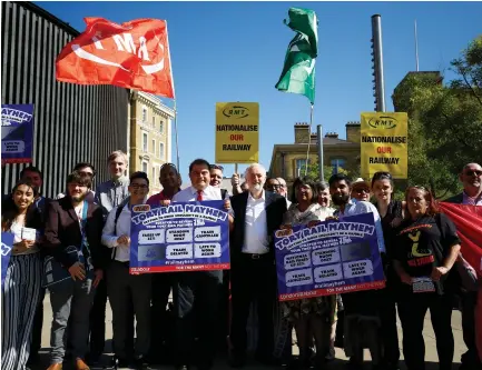  ?? (Reuters) ?? JEREMY CORBYN, the leader of Britain’s Labour Party, joins a demonstrat­ion demanding the re-nationaliz­ation of the railways, outside King’s Cross Station in London.