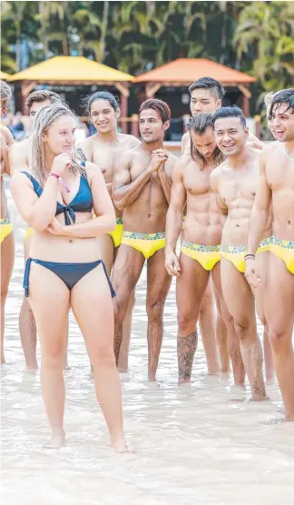  ?? Picture: TIM MARSDEN ?? Victorian schoolie Shanae Gribbin, 18, at Wet’n’Wild yesterday with some of the competitor­s in the Manhunt World Finals being held on the Coast.