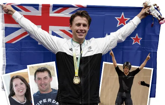  ?? PHOTOS: GETTY IMAGES AND SUPPLIED ?? Up to scratch . . . Commonweal­th gold medal cyclist Corbin Strong and his parents Raewyn and Alan Strong.