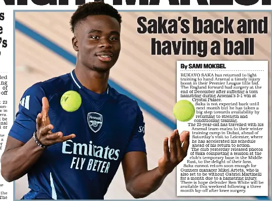  ?? GETTY IMAGES ?? Road to recovery: Bukayo Saka juggles tennis balls yesterday at Arsenal’s winter training camp in Dubai