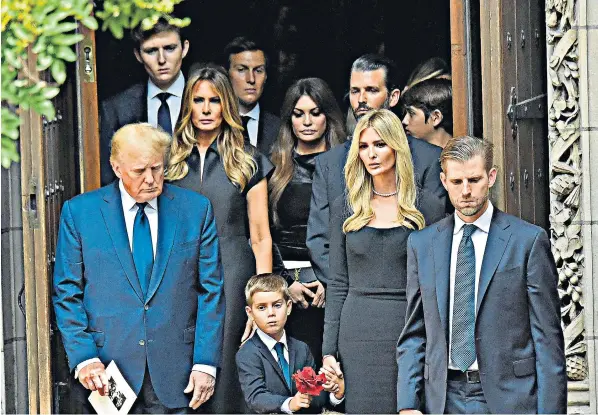  ?? ?? The Trump family at Ivana’s funeral. Front row, from left: Donald Trump, Theo Kushner, Ivanka Trump and Eric Trump. Back row, from left: Barron Trump, Melania Trump, Jared Kushner, Kimberly Guilfoyle, Donald Trump Jr