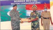  ?? HT PHOTO ?? A sector commander-level meeting between Border Security Force and Pakistan Rangers in Suchetgarh area on Saturday. The Indian delegation was led by Surjit Singh, DIG, of the BSF while the Pak delegation was led by Brig Murad Hussain.