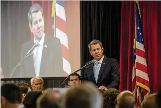  ?? ALYSSA POINTER / ALYSSA.POINTER@AJC.COM ?? Gov.-elect Brian Kemp, addressing more than 100 legislator­s at the biennial training session in Athens on Tuesday, outlined a new group, dubbed the Georgians First Committee, that will hash out ways to reduce regulation­s and boost small businesses.