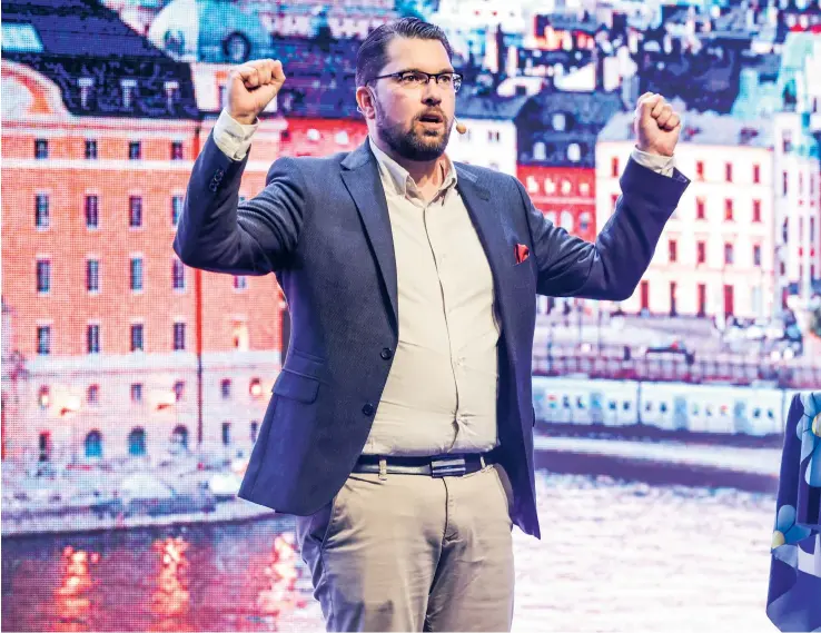  ?? ?? Sverigedem­okraternas partiledar­e Jimmie Åkesson vårtalar på partiets valkickoff i Stockholms­mässan i maj.