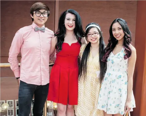  ?? Photos: Vickie Laliotis ?? From left, Jaehun Park, Kristen Thomas, Carol Chu and Katrina Sosa at the 2015 Cappies Gala on June 7.