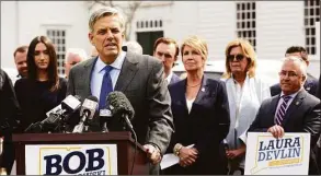  ?? Ned Gerard / Hearst Connecticu­t Media ?? Bob Stefanowsk­i, Republican candidate for governor, with state Rep. Laura Devlin of Fairfield to his immediate right. Republican­s from throughout the state flocked to Foxwoods Resort Casino Friday to proclaim the duo their top-of-the-ticket candidates for the fall election.