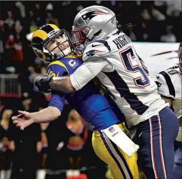  ?? RAMS QUARTERBAC­K Wally Skalij Los Angeles Times ?? Jared Goff, being hit by the Patriots’ Dont’a Hightower in Super Bowl LIII, says he has few good memories of the 13- 3 loss to New England but enjoyed the week leading up to the game in Atlanta.