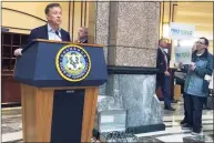  ?? Susan Haigh / Associated Press ?? Before his idea for trucks-only tolling was abandoned in the General Assembly last year, Gov. Ned Lamont was a lightning rod for opponents and supporters of the idea. This Dec. 2019 file photo shows toll supporters who attended a Lamont news conference.