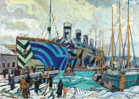  ??  ?? This painting by Arthur Lismer, future Group of Seven artist, depicts the arrival of the RMS Olympic in Halifax Harbour, Nova Scotia, December 14, 1918. The Olympic, a sister ship of the RMS Titanic, transporte­d 200,000 returning soldiers between 1914 and 1919.