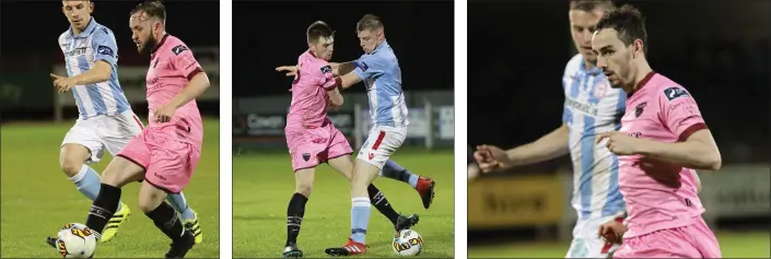  ??  ?? Wexford midfielder Mikey Byrne considers his options. Centre-half Owen McCormack tussles with Jamie Doyle. Ross Kenny bursting out of defence during Friday’s clash.