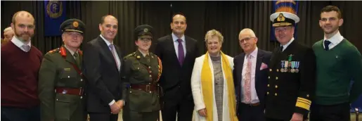  ??  ?? Lieutenant Leanne Nolan and her family, parents John and Anne Nolan, brothers Darren and Adam, along with Major General Kieran Brennan; Minister Paul Kehoe; An Taoiseach Leo Varadkar and Vice Admiral Mark Mellett.