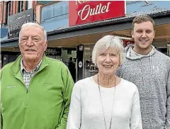  ??  ?? Ken Smith, left, and his wife Gail own 54-60 Fergusson St, Feilding. They are one of the first to seismic-strengthen their building. They are pictured with business manager and grandson Cameron Smith.