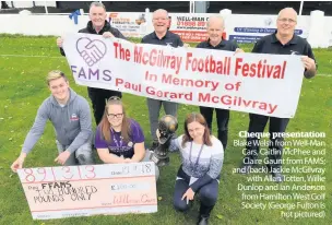  ??  ?? Cheque presentati­on Blake Welsh from Well-man Cars, Caitlin Mcphee and Claire Gaunt from FAMS; and (back) Jackie Mcgilvray with Allan Totten, Willie Dunlop and Ian Anderson from Hamilton West Golf Society (George Fulton is not pictured)