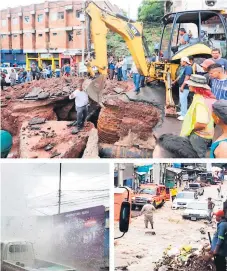  ??  ?? DESASTRE. El potente chorro de agua provocó que parte del asfalto se destruyera e inundara calles.