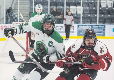  ?? JULIE JOCSAK THE ST. CATHARINES STANDARD ?? Pelham captain Thomas Young, left, and Thorold’s Bailey Stumpo keep their eyes on the puck in junior B hockey Sunday at Meridian Community Centre in Fonthill.