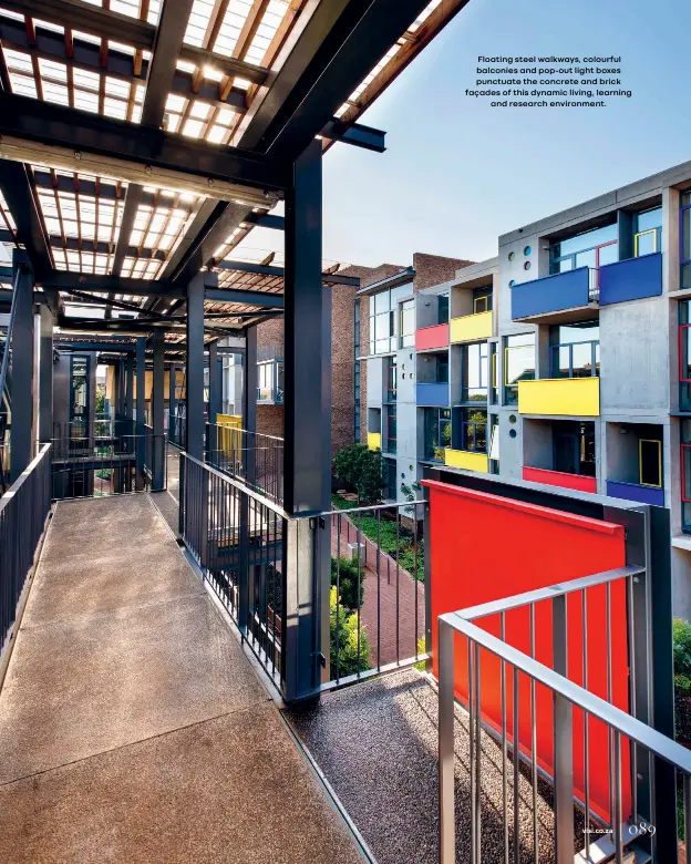  ??  ?? Floating steel walkways, colourful balconies and pop-out light boxes punctuate the concrete and brick façades of this dynamic living, learning
and research environmen­t.