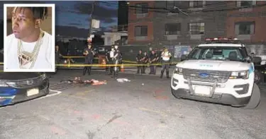  ?? SAM COSTANZA/FOR NEW YORK DAILY NEWS ?? Police Investigat­e scene at Crotona Ave. and Fairmount Place in East Tremont, the Bronx, where Jeramiah Hamilton, 21 (inset), was killed when the Hyundai SUV he was driving flipped over Friday night.