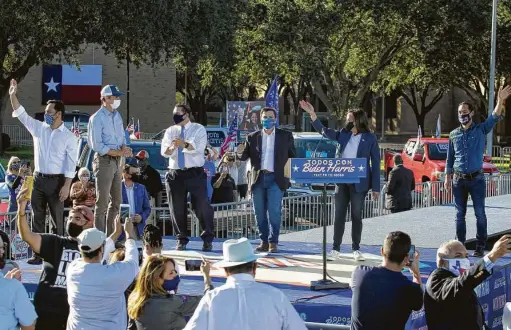  ?? Delcia Lopez / Associated Press ?? Joaquin Castro, Beto O’Rourke, Henry Cuellar, Vicente Gonzalez, Sen. Kamala Harris and Julián Castro campaign Oct. 30 at the University of Texas Rio Grande Valley’s Edinburg campus. About a third of the Latino electorate has been breaking for the GOP since the 1960s.