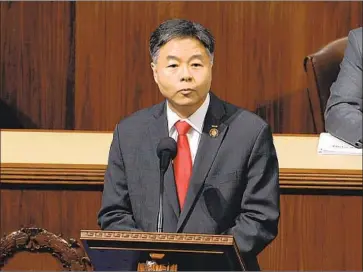  ?? House Television ?? REP. TED LIEU texted House Judiciary Committee Democrats at 3:09 p.m. as they took shelter during last week’s siege, urging them to “start drafting articles of impeachmen­t now, regardless of what leadership says.”