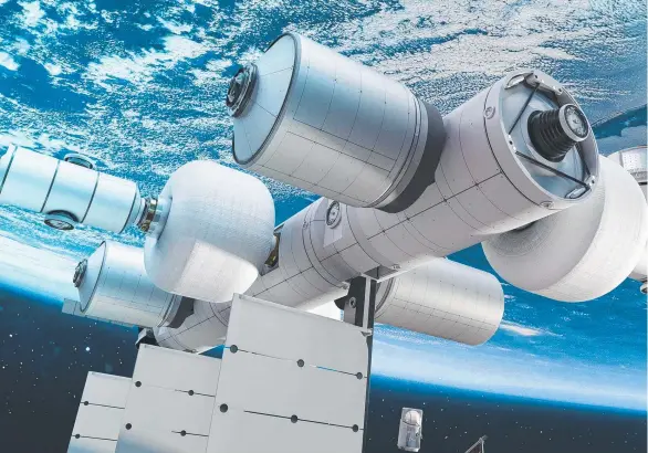  ?? ?? An artist’s impression of Blue Origin’s proposed space station ‘Orbital Reef’ that will house up to 10 people.