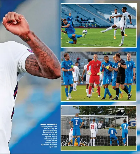  ??  ?? HIGHS AND LOWS:
Sterling celebrates after scoring his penalty (top left), awarded after his shot hit the arm of Ingason (right). Iceland players surround the referee before Bjarnason misses a spot-kick
