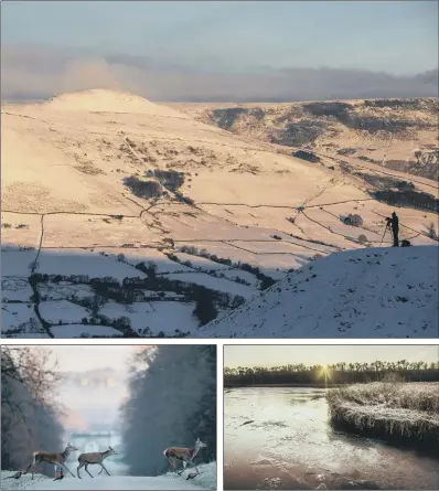  ?? PICTURES: PA/CHARLOTTE GRAHAM/ ?? BIG FREEZE: Snow on Mam Tor, top, in Derbyshire. Above left, deer on the run at Studley Royal, with Ripon Cathedral in the background. Above right, ice on the water at Fairburn Ings near Castleford in Yorkshire.