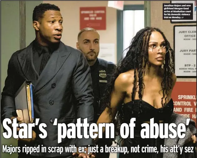  ?? AP ?? Jonathan Majors and new girlfriend Meagan Good arrive at Manhattan court for his domestic violence trial on Monday.