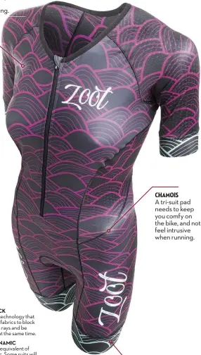  ??  ?? zipper The zipper should be complement­ed by a housing to prevent neck chafing. CHAMOIS A tri-suit pad needs to keep you comfy on the bike, and not feel intrusive when running. LEG GRIPPERS A close fit with no irritation or ‘sausage leg’ is the goal.