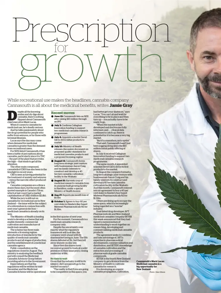  ?? Photo / Alan Gibson ?? Cannasouth’s Mark Lucas: Medicinal cannabis is a big opportunit­y for New Zealand.