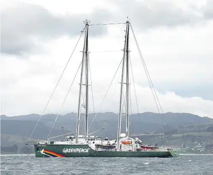  ?? PHOTO: STEPHEN JAQUIERY ?? Pause for training . . . Greenpeace vessel Rainbow Warrior anchored off Warrington Beach yesterday.