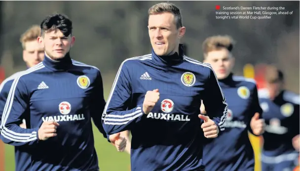  ??  ?? Scotland’s Darren Fletcher during the training session at Mar Hall, Glasgow, ahead of tonight’s vital World Cup qualifier
