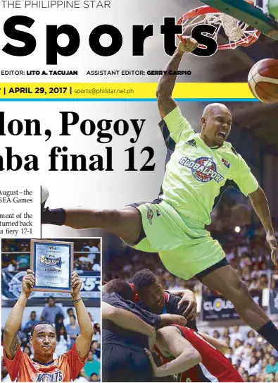  ??  ?? Chris Newsome wins the slam dunk competitio­n with a tiny margin over GlobalPort’s James Forrester (above) who soars over three players to slam it in in the final round.