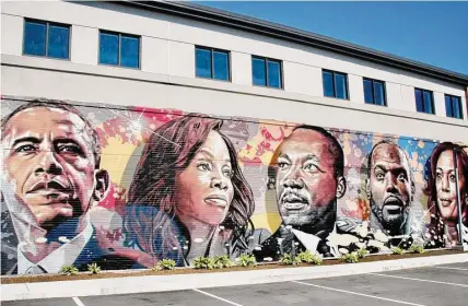  ?? ARCY / Contribute­d photo ?? In Bloomfield, ARCY painted a mural, which was unveiled on Juneteenth 2021, depicting actor and Bloomfield native Anika Noni Rose, football player and Hartford native Dwight Freeney, King, Vice President Kamala Harris and former president Barack Obama.