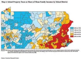  ??  ?? This map from the Keystone Research Center study indicates that high property taxes as a share of household income is primarily an eastern Pennsylvan­ia problem.