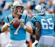  ?? JACOB KUPFERMAN / GETTY IMAGES ?? Panthers quarterbac­k Kyle Allen has gone 3-0 in his three starts as a fill-in for an injured Cam Newton this season.