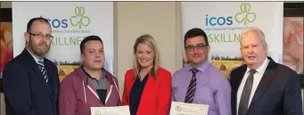  ??  ?? AURIVO managers complete ICOS Management Developmen­t Programme ( from left): John Burke ( Production Supervisor) and Sean Henry, ( Area Sales Manager) Aurivo are presented with their certificat­es by T. J. Flanagan, ICOS CEO, Lydia Mahon, Head of HR (...