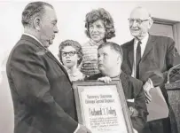  ??  ?? Eunice Kennedy Shriver ( center), William McFetridge ( right) of the Chicago Park District and Special Olympics athletes, including Kevin O’Brien, meet with Chicago Mayor Richard J. Daley before the 1968 Chicago Special Olympics Games.