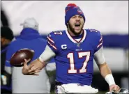  ?? JEFFREY T. BARNES — THE ASSOCIATED PRESS ?? Buffalo Bills quarterbac­k Josh Allen celebrates after the team’s 17-3 win over the Baltimore Ravens on Saturday, Jan. 16, in Orchard Park, N.Y.