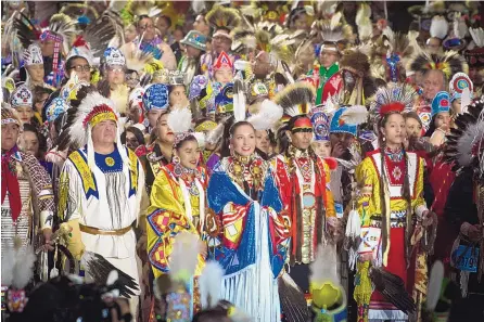  ?? MARLA BROSE/JOURNAL ?? Hundreds of dancers share the performanc­e floor inside Tingley Coliseum during Grand Entry of the 2018 Gathering of Nations powwow.