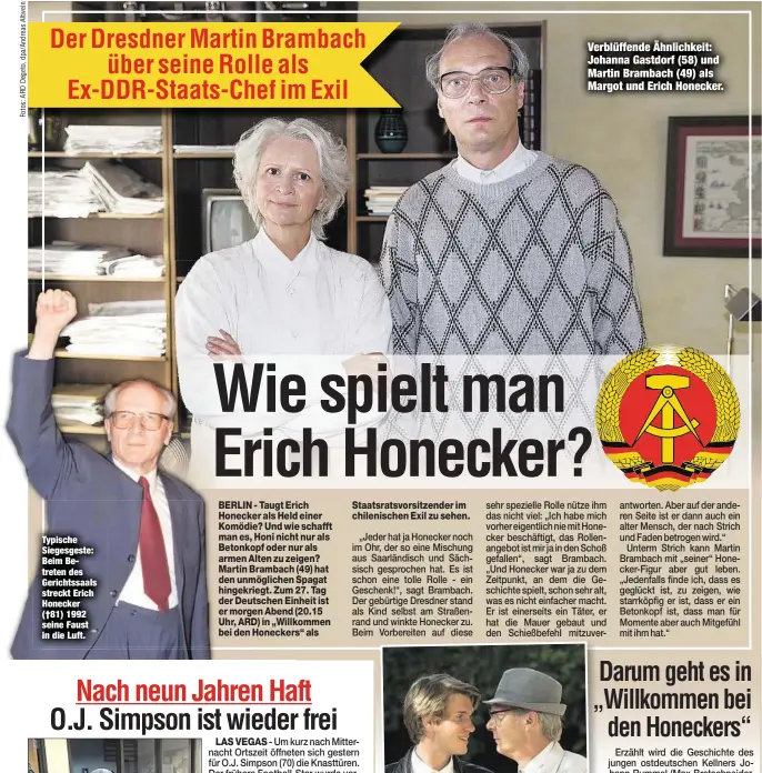  ??  ?? Typische Siegesgest­e: Beim Betreten des Gerichtssa­als streckt Erich Honecker (†81) 1992 seine Faust in die Luft. Verblüffen­de Ähnlichkei­t: Johanna Gastdorf (58) und Martin Brambach (49) als Margot und Erich Honecker.