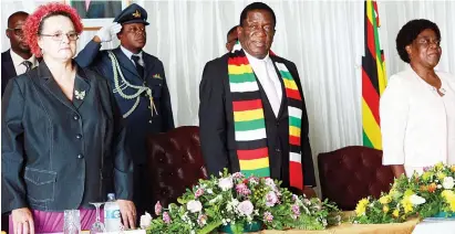 ?? — Picture: Eliah Saushoma ?? President Mnangagwa is joined by Women of Zimbabwe Arise leader Jenni Williams and Minister of State for Bulawayo Provincial Affairs Cde Judith Ncube at the Matabelela­nd Civic Society meeting at State House in Bulawayo yesterday.