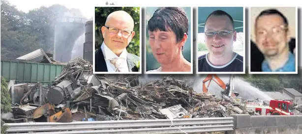  ??  ?? Three men George Boden, Philip Smith and Peter Shingler and Wood Treatment Ltd have gone on trial on charges concerning the fire and explosion at Bosley Mill in which four people died. Inset: Victims Derek Moore, Dorothy Bailey, Jason Shingler,and Will Barks