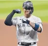  ?? DAVIDDERME­R/AP ?? TheYankees’GleyberTor­res celebrates after hitting an RBI single during Game1ofanA­merican League wild-card series against the Indians in 2020.