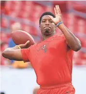  ?? JONATHAN DYER/ USA TODAY SPORTS ?? It might be difficult for Jameis Winston, left, to reclaim the starting quarterbac­k spot the way the Bucs’ Ryan Fitzpatric­k has been playing.