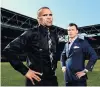  ?? PHOTO: GETTY IMAGES ?? Anthony Mundine (left) and Jeff Horn pose for a photo after a press conference at Suncorp Stadium in Brisbane last month.