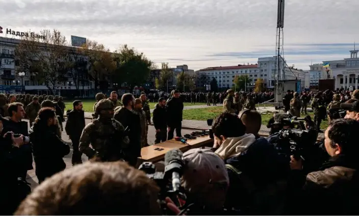  ?? Photograph: Jelle Krings/The Guardian ?? Volodymyr Zelenskiy in liberated Kherson on Monday.